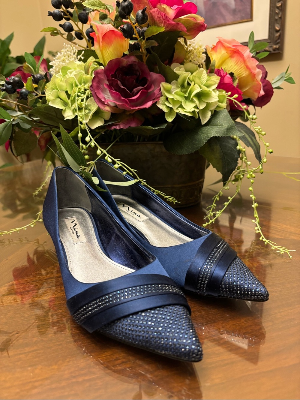 Nina Navy Satin Pointed Toe Heels with Rhinestone Detail